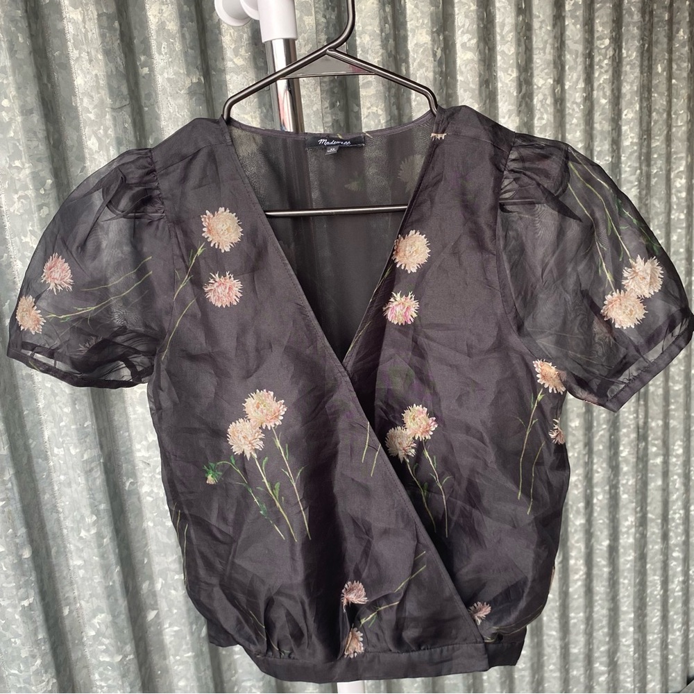 Madewell Black Floral Silk Organza Wrap Top Size XS